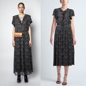 ZADIG & VOLTAIRE Rainy Crinkle Etoiles Maxi Dress Star Print Cottagecore Hippie